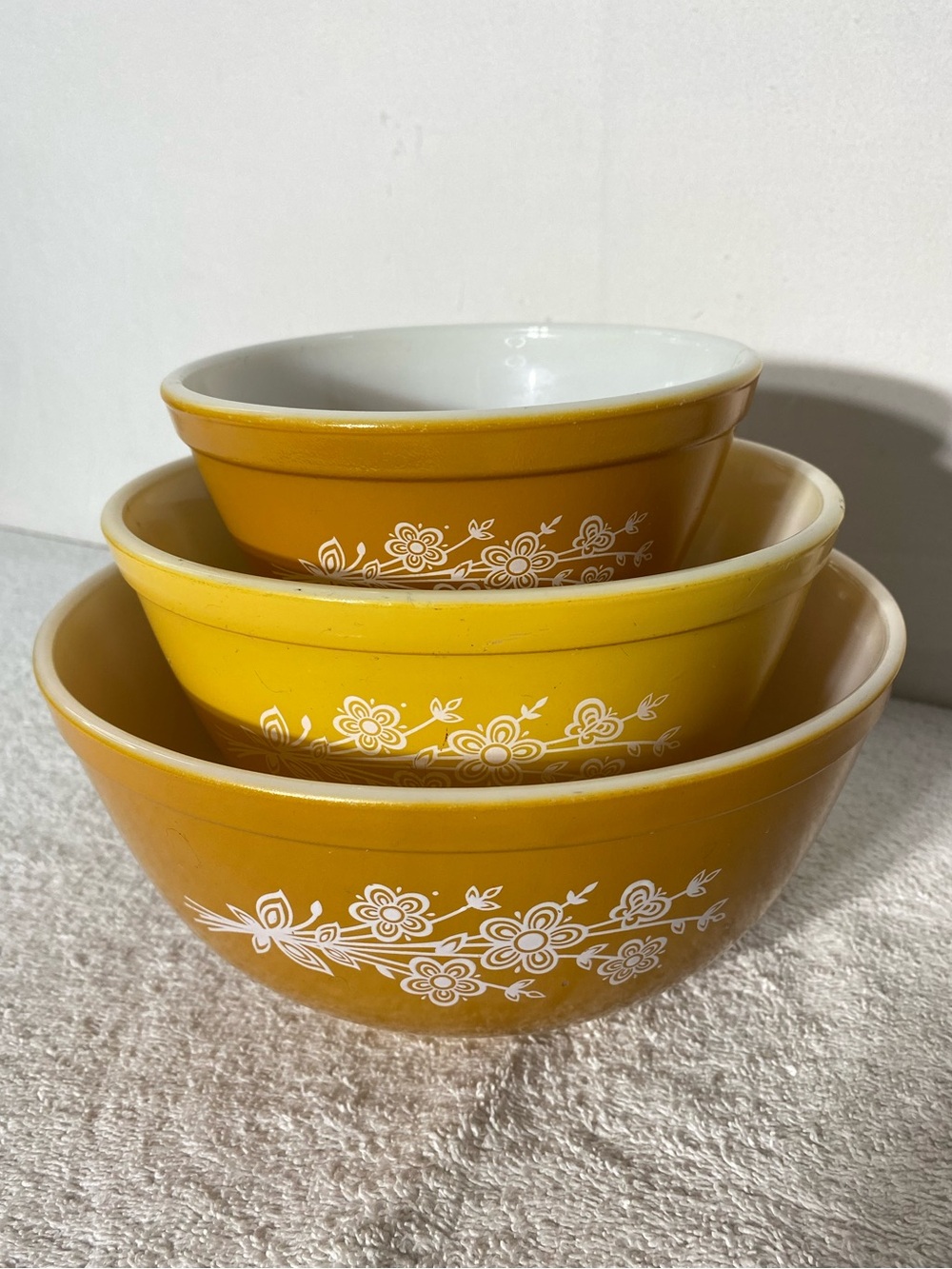 Vintage 70s PYREX Butterfly Gold Nesting Bowls Set 401/402/403 Glossy NO DWD